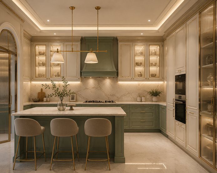 Sage green kitchen island with brass fittings and bar stools