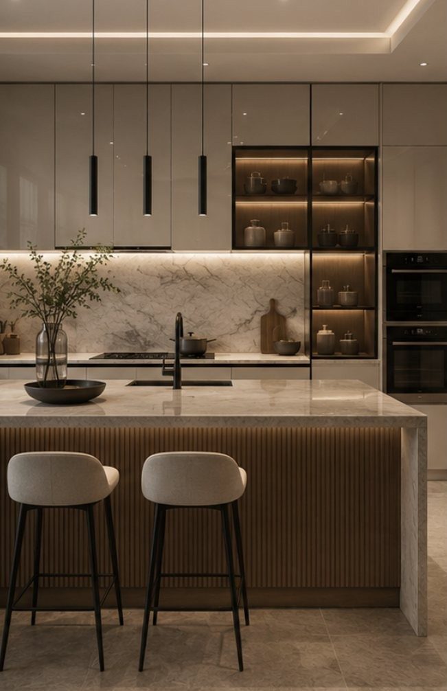 Island kitchen with marble countertop and open shelving