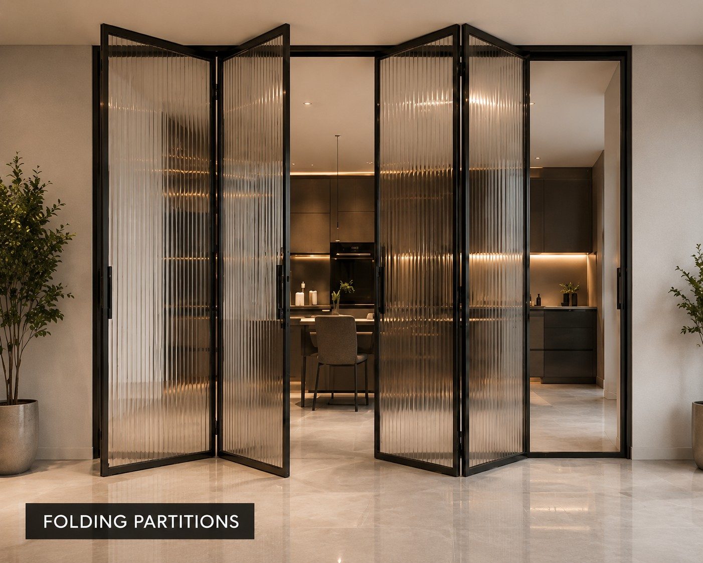 Folding partitions opening onto a dining and kitchen space