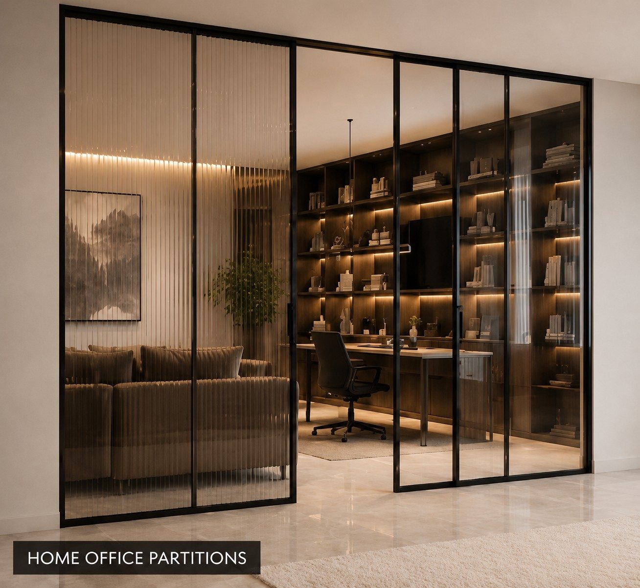 Home office partition with reeded glass and a black frame