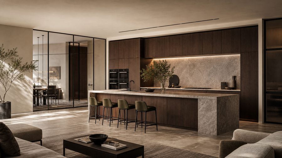 Aluminium and glass partition dividing a living space