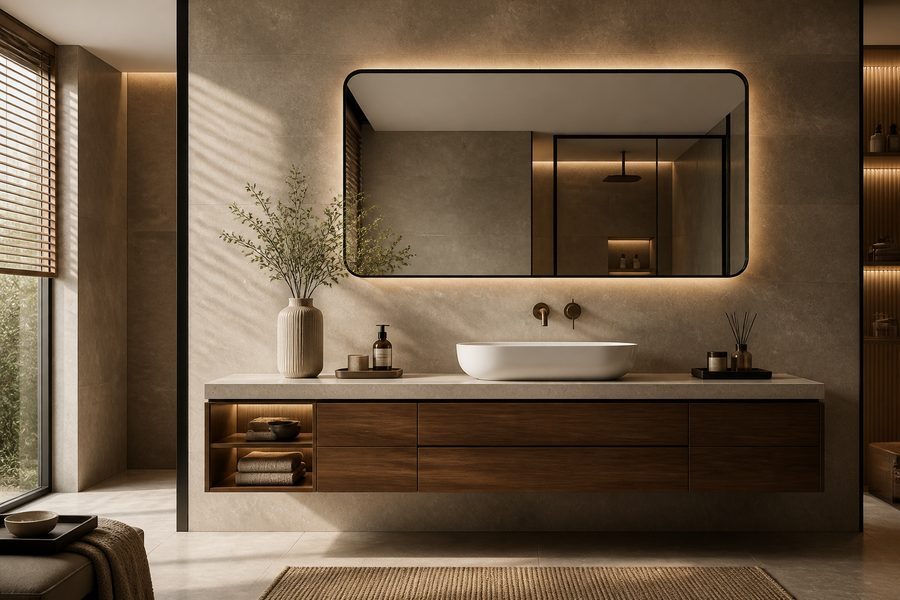 Bathroom vanity with backlit mirror and stone countertop