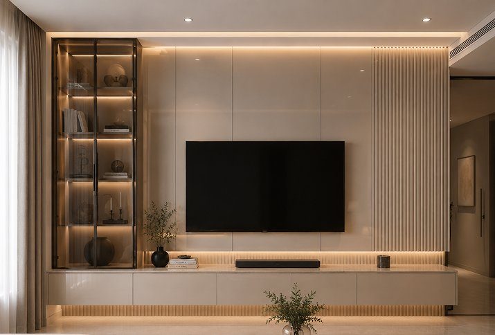 Living room TV unit with fluted panelling and glass display cabinet