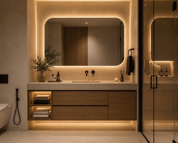 A Jagatpura Vanity Suite — backlit mirror and floating vanity