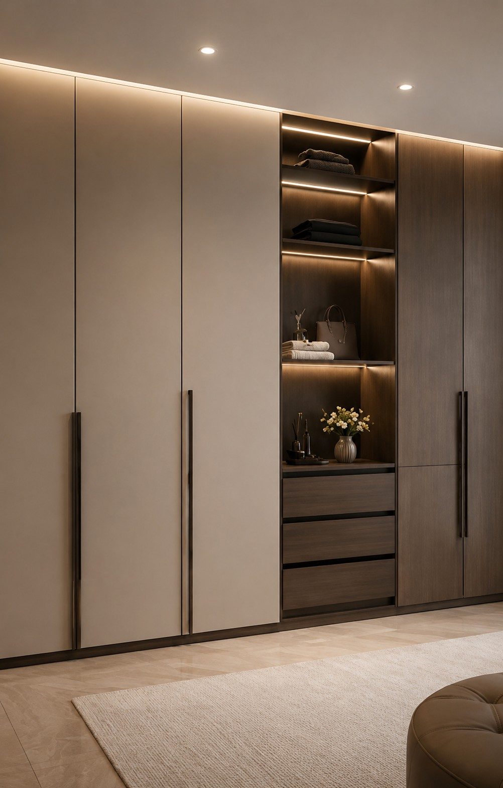 Hinged wardrobe with an open shelving nook and integrated lighting