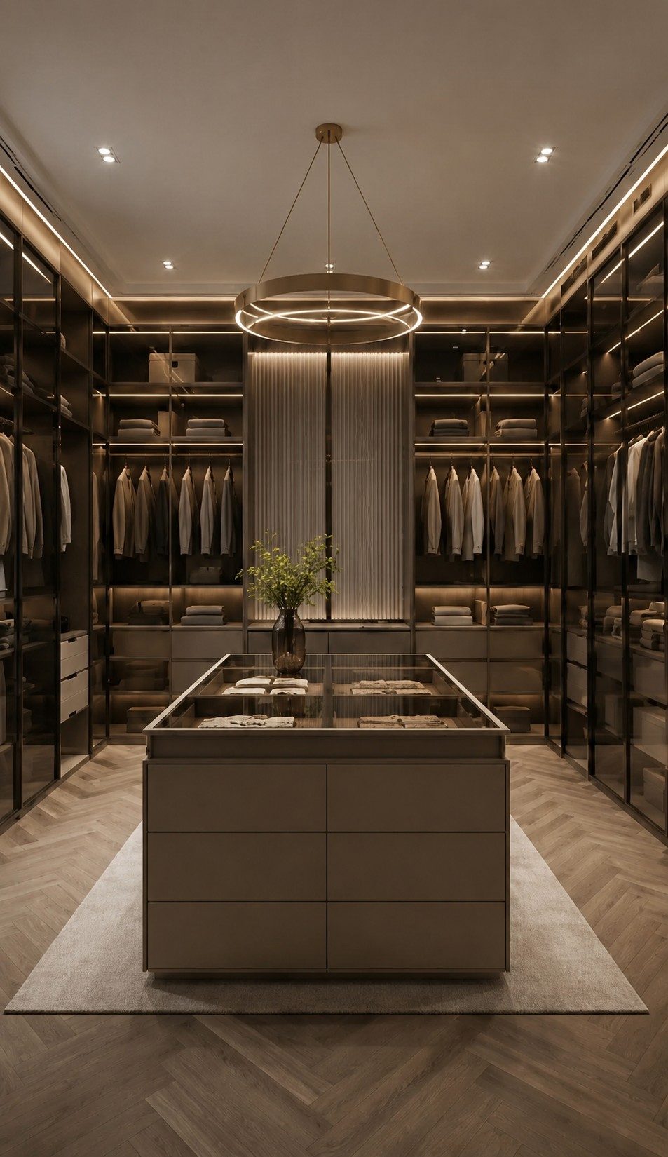 Walk-in dressing room with glass-front wardrobes and a central island